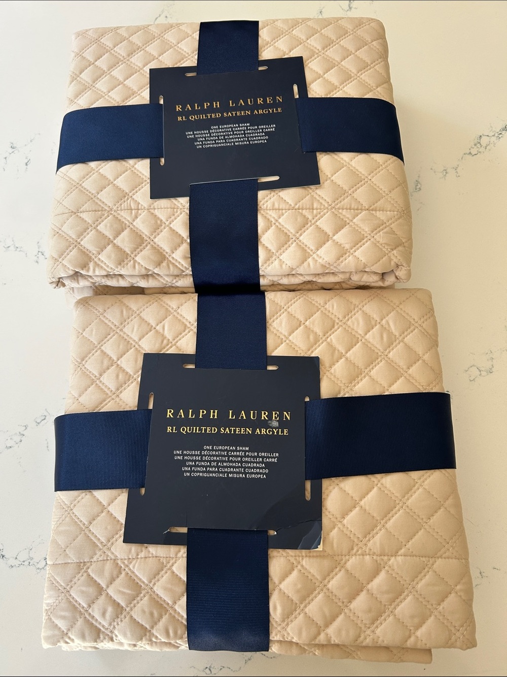 Ralph Lauren Home TWO Argyle Quilted Sateen Shams, Coastal Sand, Euro Size,NEW
